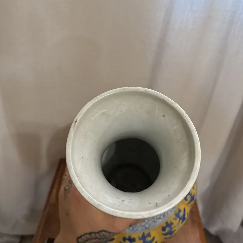 14” Qianlong Style Blue White Yellow Glaze‎ Porcelain Flower Zun Bottle Vase VTG